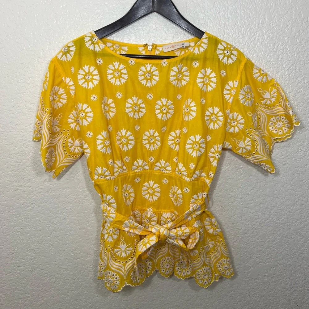 Tory Burch Embroidered Eyelet Ruffled Sunlight & New Ivory Top Blouse Yellow 4